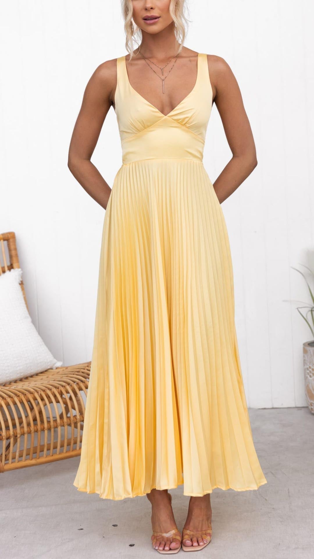 Aby | Plissé V-Neck Maxi Dress in Gold