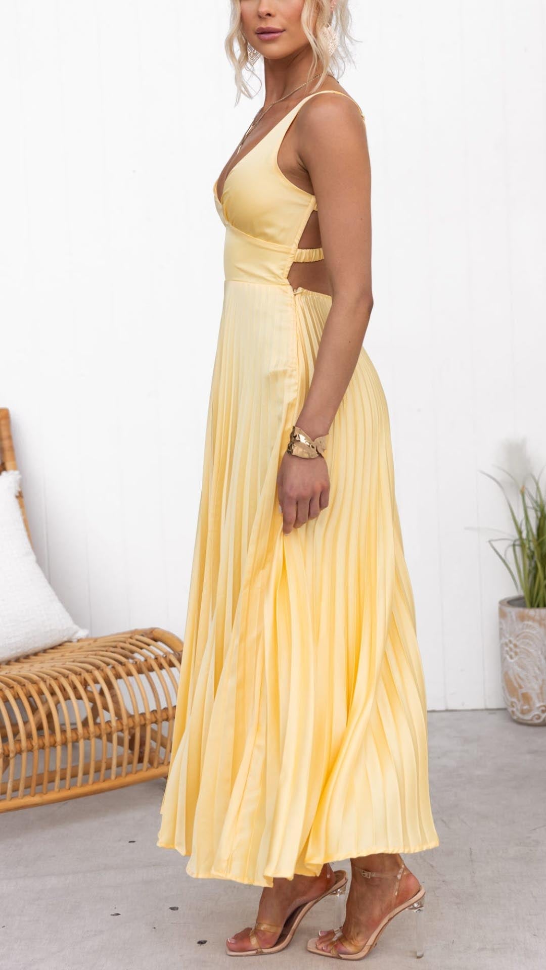 Aby | Plissé V-Neck Maxi Dress in Gold