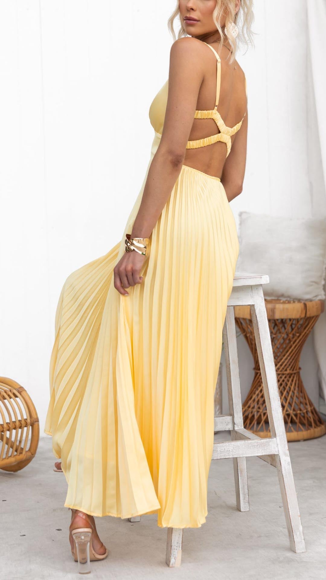 Aby | Plissé V-Neck Maxi Dress in Gold
