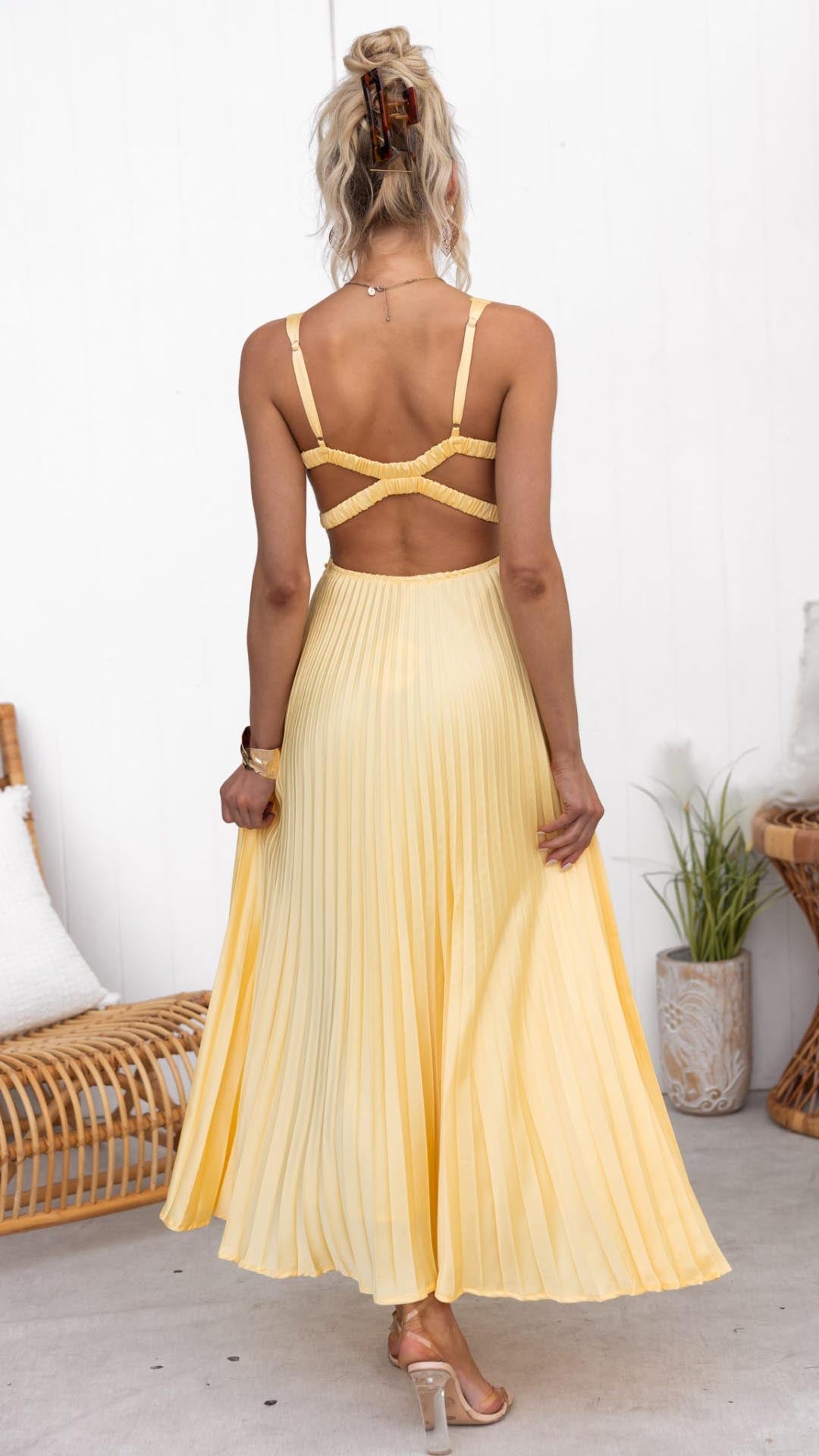 Aby | Plissé V-Neck Maxi Dress in Gold