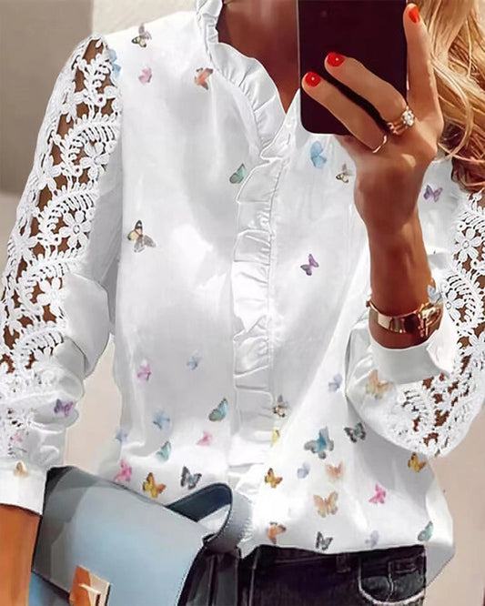 Blus med spetsar med patchworktryck