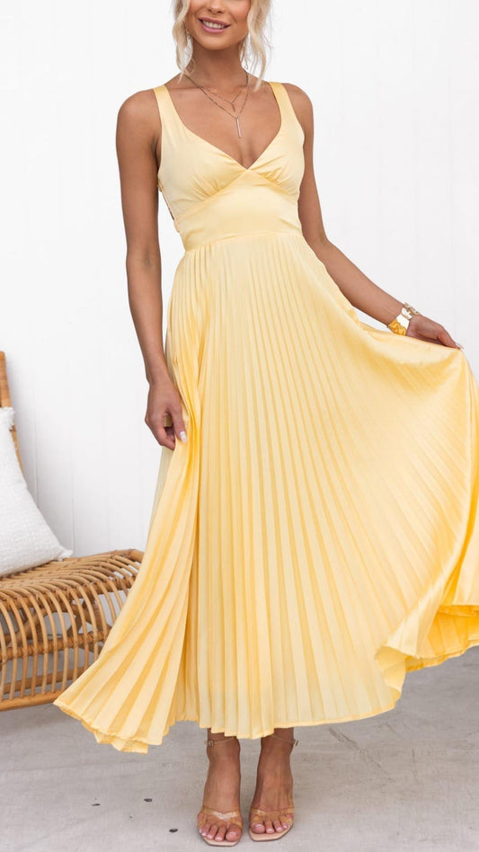 Aby | Plissé V-Neck Maxi Dress in Gold