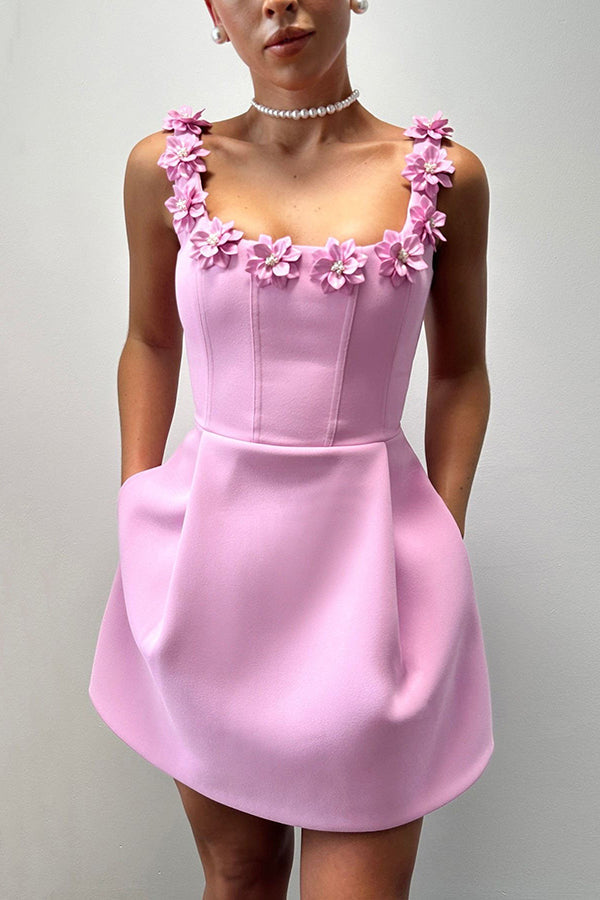 Cindy | Feminine Mini Dress with Floral Embellishments